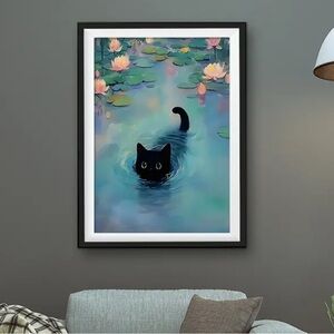 Cat Swimming with Water Lilies, Canvas Print Wall Art